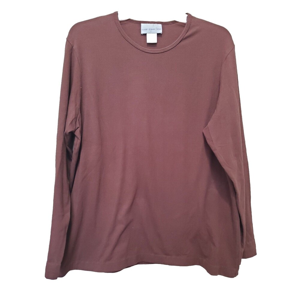 SUSAN GRAVER STYLE Brown Cotton Blend Long Sleeve Round Neck T-Shirt Sz Large